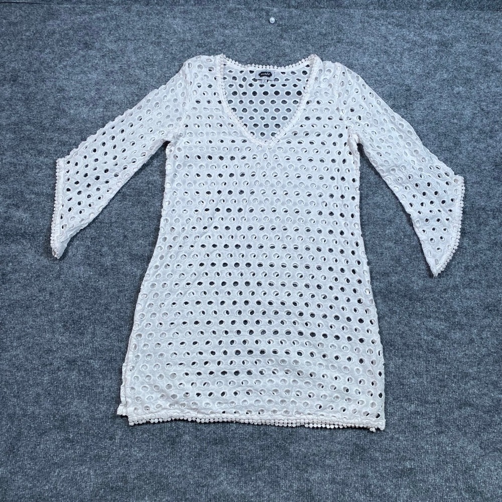 Mud Pie White Eyelet Lace V-Neck Mini Dress Swim Coverup Small Cotton Pom Trim